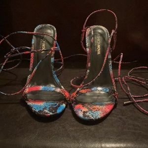 Multi color snake print lace up heel